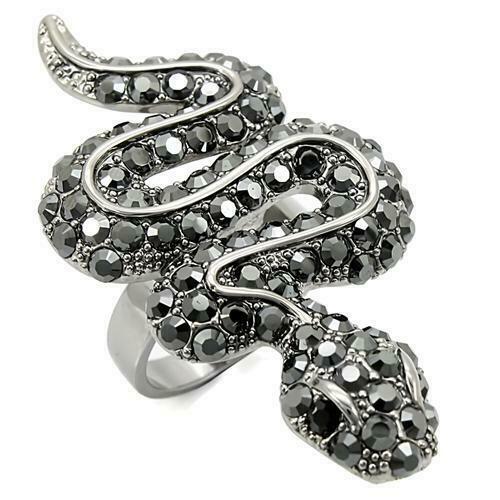 Jewellery Kingdom Black Jet Cubic Zirconia Ruthenium Animal Sparkling Ladies Snake Ring (Silver) - Jewelry Rings - British D'sire Main image