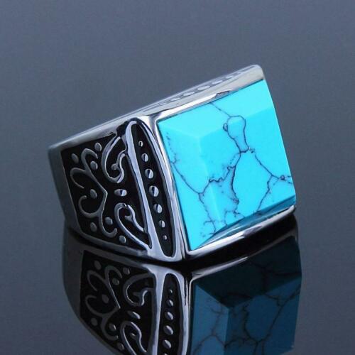 Jewellery Kingdom Blue Signet Square Stainless Steel Silver Pinky Mens Turquoise Ring - Jewelry Rings - British D'sire Main image
