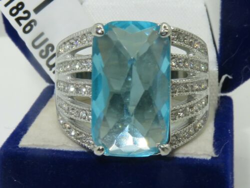 Jewellery Kingdom Blue Topaz Emerald Cut Cubic Zirconia Ring (Silver) - Rings - British D'sire