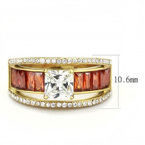 Jewellery Kingdom Burnt Orange Cubic Zirconia Emerald Cut 18KT Stainless Steel Ladies Princess Ring (Gold) - Jewelry Rings - British D'sire