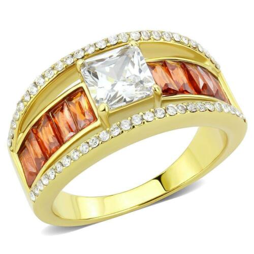 Jewellery Kingdom Burnt Orange cz Emerald Cut 18KT Stainless Steel Ladies Princess Ring (Gold) - Jewelry Rings - British D'sire Main image