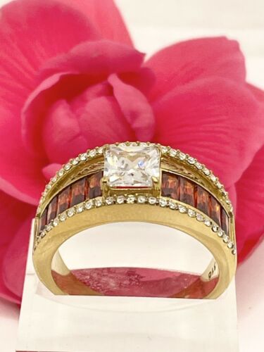 Jewellery Kingdom Burnt Orange cz Emerald Cut 18KT Stainless Steel Ladies Princess Ring (Gold) - Jewelry Rings - British D'sire