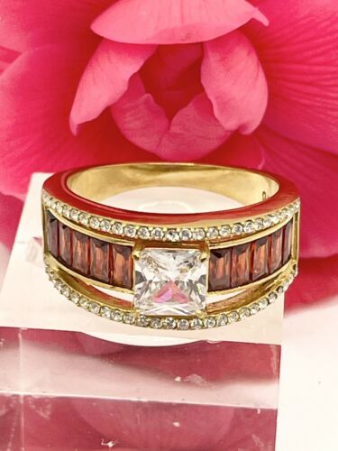 Jewellery Kingdom Burnt Orange cz Emerald Cut 18KT Stainless Steel Ladies Princess Ring (Gold) - Jewelry Rings - British D'sire