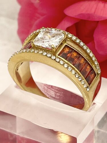 Jewellery Kingdom Burnt Orange cz Emerald Cut 18KT Stainless Steel Ladies Princess Ring (Gold) - Jewelry Rings - British D'sire