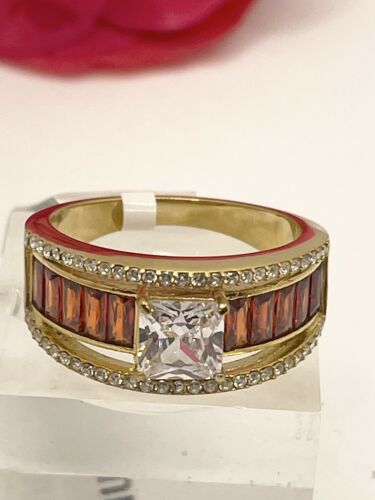Jewellery Kingdom Burnt Orange cz Emerald Cut 18KT Stainless Steel Ladies Princess Ring (Gold) - Jewelry Rings - British D'sire