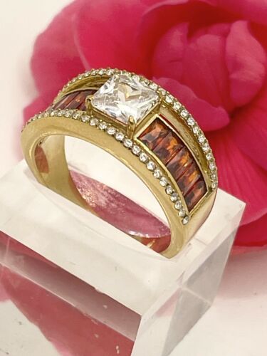 Jewellery Kingdom Burnt Orange cz Emerald Cut 18KT Stainless Steel Ladies Princess Ring (Gold) - Jewelry Rings - British D'sire