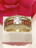 Jewellery Kingdom Burnt Orange cz Emerald Cut 18KT Stainless Steel Ladies Princess Ring (Gold) - Jewelry Rings - British D'sire