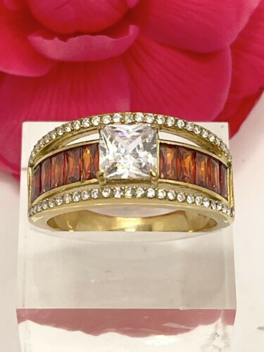 Jewellery Kingdom Burnt Orange cz Emerald Cut 18KT Stainless Steel Ladies Princess Ring (Gold) - Jewelry Rings - British D'sire