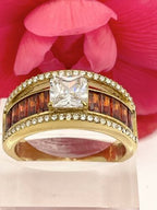 Jewellery Kingdom Burnt Orange cz Emerald Cut 18KT Stainless Steel Ladies Princess Ring (Gold) - Jewelry Rings - British D'sire