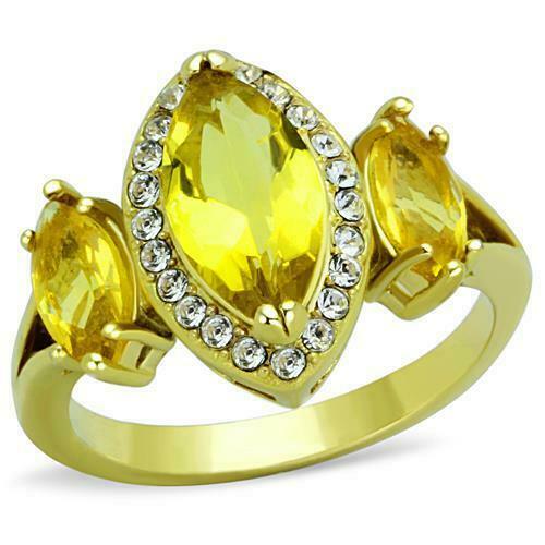 Jewellery Kingdom Canary Yellow CZ Steel 4 CT Three Stone Ladies Marquise Gold ring - Jewelry Rings - British D'sire Main image