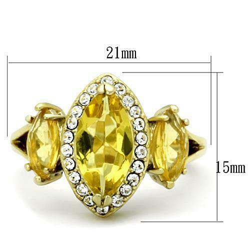 Jewellery Kingdom Canary Yellow CZ Steel 4 CT Three Stone Ladies Marquise Gold ring - Jewelry Rings - British D'sire