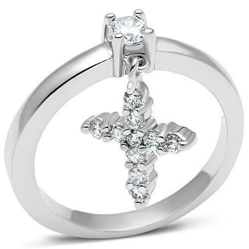 Jewellery Kingdom Charm Cross Ladies Dangle Solitaire Simulated Diamonds Clear Designer Ring - Jewelry Rings - British D'sire Main image