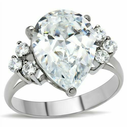 Jewellery Kingdom Cocktail 6 CT Cubic Zirconia Clear Stainless Steel Silver Sparkling Ladies Pear Ring - Jewelry Rings - British D'sire Main image