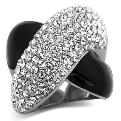 Jewellery Kingdom Cross Over Cubic Zirconia Enamel Wide Comfort Stainless Steel Chunky Ladies Black Ring - Jewelry Rings - British D'sire