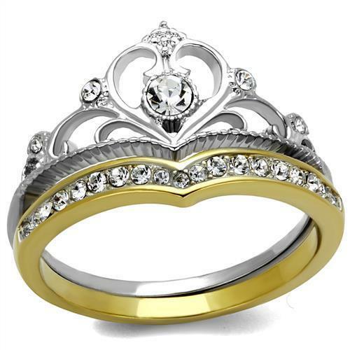 Jewellery Kingdom Crown Ladies Tiera Cz Wedding Engagement Set Band Stainless Steel Ring (Gold) - Jewelry Rings - British D'sire Main image