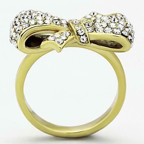 Jewellery Kingdom Crystal 18Kt Steel No Tarnish Clear Sparkling Gold Bow Ring - Jewelry Rings - British D'sire Main image