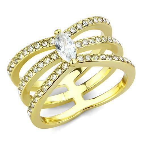 Jewellery Kingdom Cubic Zirconia 18kt Ladies Pave Clear 1CT Band Realistic Steel Gold Marquise Ring - Jewelry Rings - British D'sire Main image