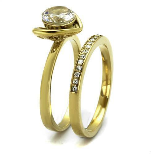 Jewellery Kingdom Cubic Zirconia 18kt Stainless Steel Solitaire Wedding Engagement Ladies Band Gold Ring Set Secondary image