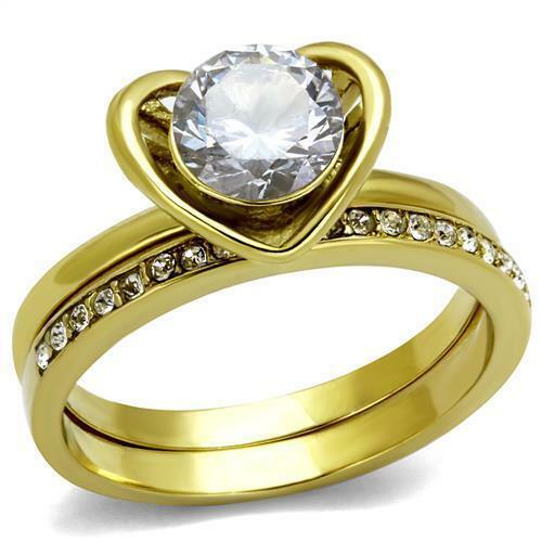 Jewellery Kingdom Cubic Zirconia 18kt Stainless Steel Solitaire Wedding Engagement Ladies Band Gold Ring Set - Jewelry Rings - British D'sire