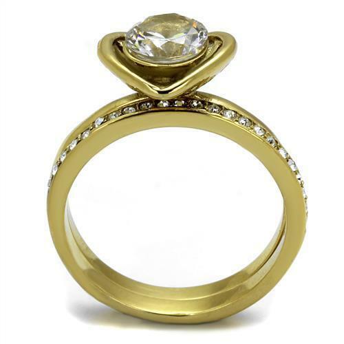 Jewellery Kingdom Cubic Zirconia 18kt Stainless Steel Solitaire Wedding Engagement Ladies Band Gold Ring Set - Jewelry Rings - British D'sire