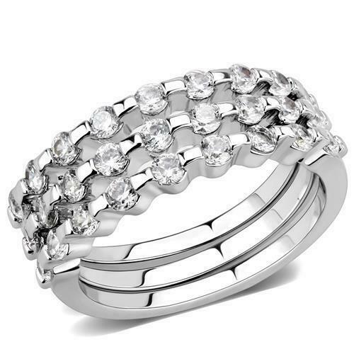 Jewellery Kingdom Cubic Zirconia 3 Bands Eternity Rhodium Ladies Stacking Ring Set (Silver) - Jewelry Rings - British D'sire Main image