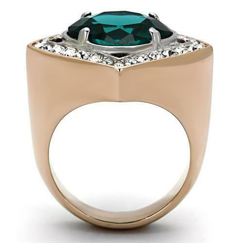 Jewellery Kingdom Cubic Zirconia 3CT Cocktail Green Steel Sparkling Emerald Rose Gold Ladies Ring - Jewelry Rings - British D'sire