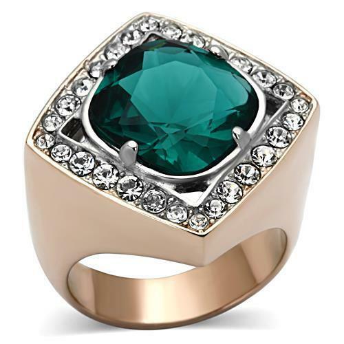 Jewellery Kingdom Cubic Zirconia 3CT Cocktail Green Steel Sparkling Emerald Rose Gold Ladies Ring - Jewelry Rings - British D'sire Main image