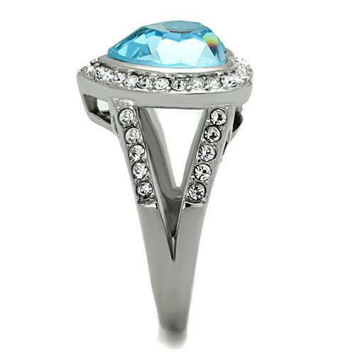 Jewellery Kingdom Cubic Zirconia Aquamarine Blue 4 CT Stainless Steel Silver Ladies Heart Ring - Jewelry Rings - British D'sire