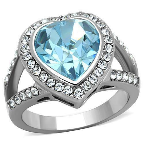 Jewellery Kingdom Cubic Zirconia Aquamarine Blue 4 CT Stainless Steel Silver Ladies Heart Ring - Jewelry Rings - British D'sire