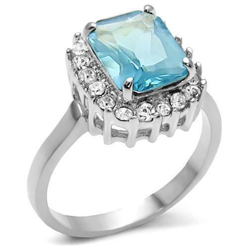 Jewellery Kingdom Cubic Zirconia Aquamarine Stainless Steel Pretty Ladies Emerald Ring Blue Silver - Jewelry Rings - British D'sire