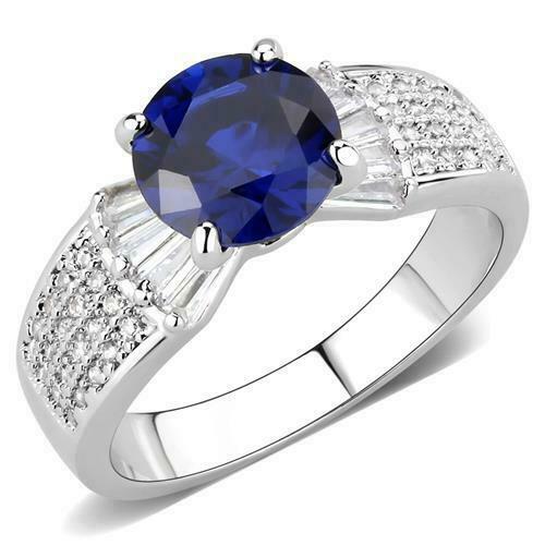 Jewellery Kingdom Cubic Zirconia Baguettes Pave Silver Dress Rhodium Sparkling Ladies Blue Sapphire Ring - Jewelry Rings - British D'sire Main image
