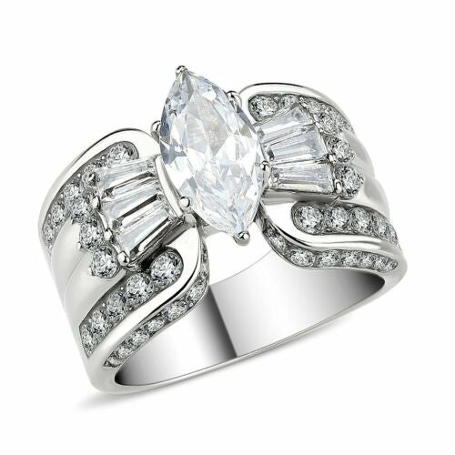 Jewellery Kingdom Cubic Zirconia Baguettes Stainless Steel Channel Cocktail Ladies Marquise Ring (Silver) - Jewelry Rings - British D'sire Main image