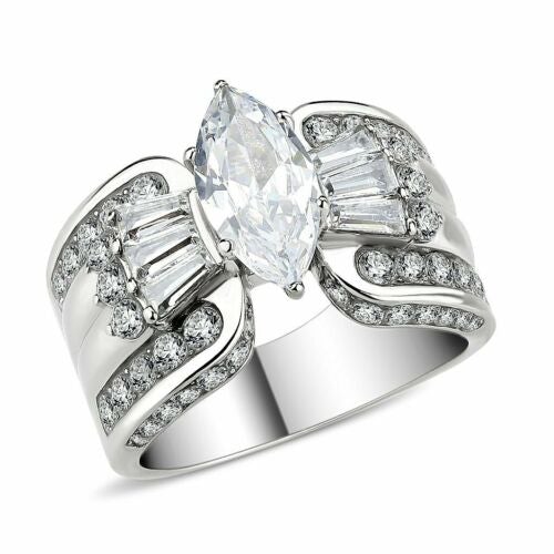 Jewellery Kingdom Cubic Zirconia Baguettes Stainless Steel Channel Cocktail Ladies Marquise Ring (Silver) - Jewelry Rings - British D'sire