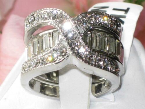 Jewellery Kingdom Cubic Zirconia Baguettes Stainless Steel Ladies Band Wedding Guard Ring Set (Silver & Clear) - Engagement Rings - British D'sire