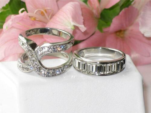 Jewellery Kingdom Cubic Zirconia Baguettes Stainless Steel Ladies Band Wedding Guard Ring Set (Silver & Clear) - Engagement Rings - British D'sire