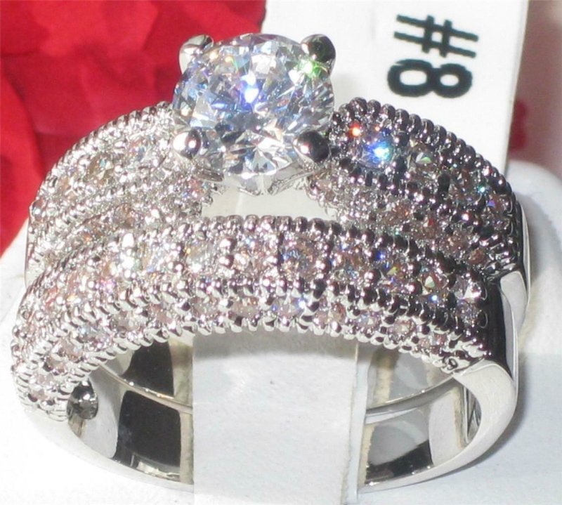 Jewellery Kingdom Cubic Zirconia Band 250 Rhodium Engagement Wedding Ladies Ring Set (Silver) - Jewelry Rings - British D'sire