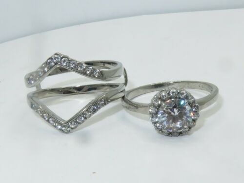 Jewellery Kingdom Cubic Zirconia Band Guard 2pcs Stainless Steel 3CT Engagement Wedding Ladies Ring Set - Jewelry Rings - British D'sire