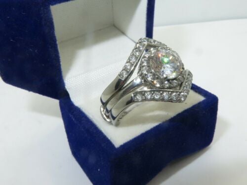 Jewellery Kingdom Cubic Zirconia Band Guard 2pcs Stainless Steel 3CT Engagement Wedding Ladies Ring Set - Jewelry Rings - British D'sire