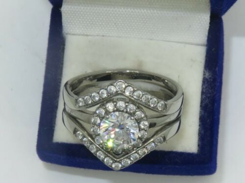 Jewellery Kingdom Cubic Zirconia Band Guard 2pcs Stainless Steel 3CT Engagement Wedding Ladies Ring Set - Jewelry Rings - British D'sire