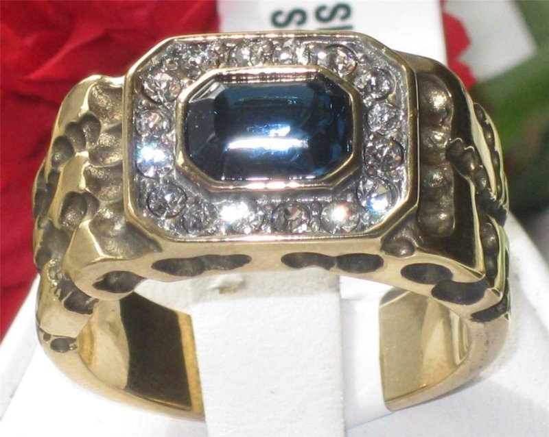 Jewellery Kingdom Cubic Zirconia Bezel Emerald Nugget Chunky Mens Gold Sapphire Ring Secondary image