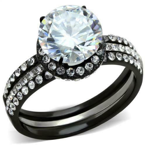 Jewellery Kingdom Cubic Zirconia Black Bands Solitaire Ladies Engagement Wedding Ring Set - Engagement Rings - British D'sire Main image