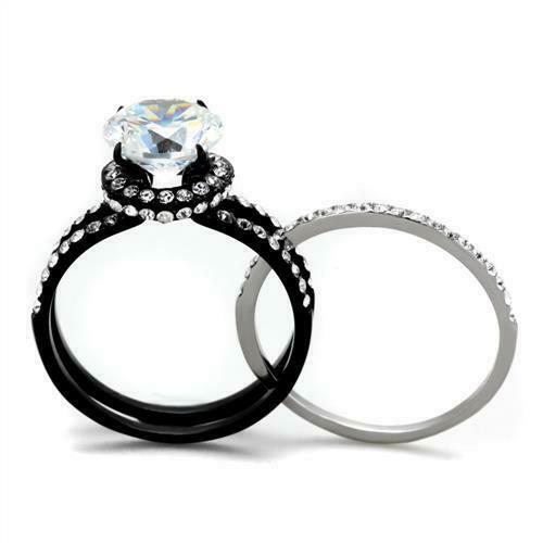 Jewellery Kingdom Cubic Zirconia Black Bands Solitaire Ladies Engagement Wedding Ring Set - Engagement Rings - British D'sire