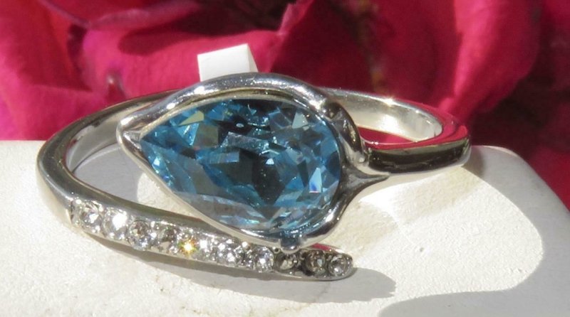 Jewellery Kingdom Cubic Zirconia Blue Bezel Accents Stainless Steel Pear Aquamarine Ladies Ring - Jewelry Rings - British D'sire