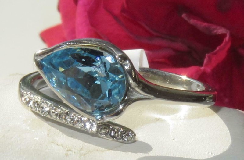 Jewellery Kingdom Cubic Zirconia Blue Bezel Accents Stainless Steel Pear Aquamarine Ladies Ring - Jewelry Rings - British D'sire