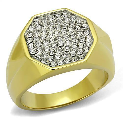 Jewellery Kingdom Cubic Zirconia Cluster Pave Signet Pinky Sparkling Steel Mens Gold Ring - Jewelry Rings - British D'sire Main image
