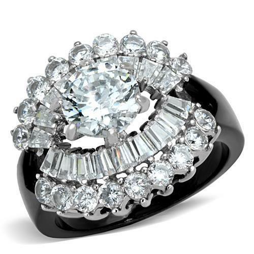 Jewellery Kingdom Cubic Zirconia Cocktail Baguettes Solitaire Stainless Steel Sparkling Ladies Black Ring - Jewelry Rings - British D'sire Main image
