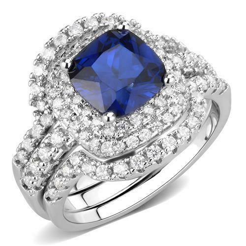 Jewellery Kingdom Cubic Zirconia Cushion Cut Ladies Engagement Wedding Sapphire Ring Set Bands - Engagement Rings - British D'sire