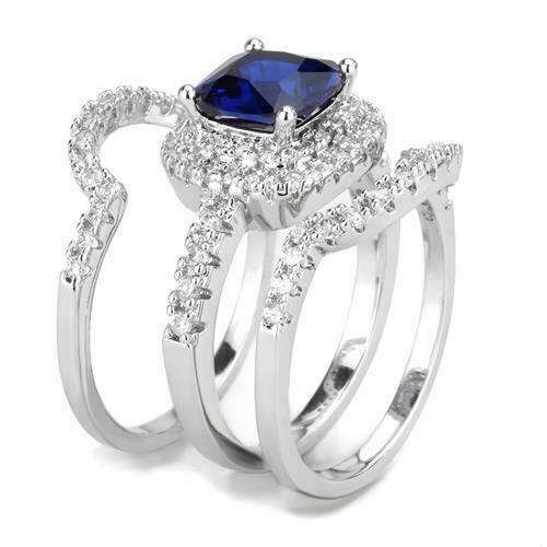 Jewellery Kingdom Cubic Zirconia Cushion Cut Ladies Engagement Wedding Sapphire Ring Set Bands - Engagement Rings - British D'sire