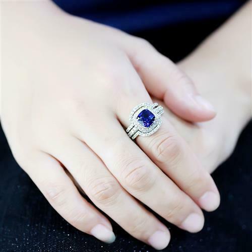 Jewellery Kingdom Cubic Zirconia Cushion Cut Ladies Engagement Wedding Sapphire Ring Set Bands - Engagement Rings - British D'sire