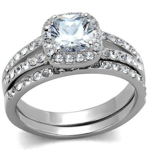 Jewellery Kingdom Cubic Zirconia Cushion Cut Stainless Steel Ladies Engagement Wedding Band Ring Set - Engagement Rings - British D'sire Main image